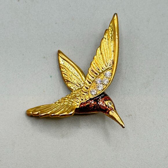 Hummingbird Pin Brooch Small Brown Enamel Little Figural Bird Animal Gold Tone - Picture 2 of 5